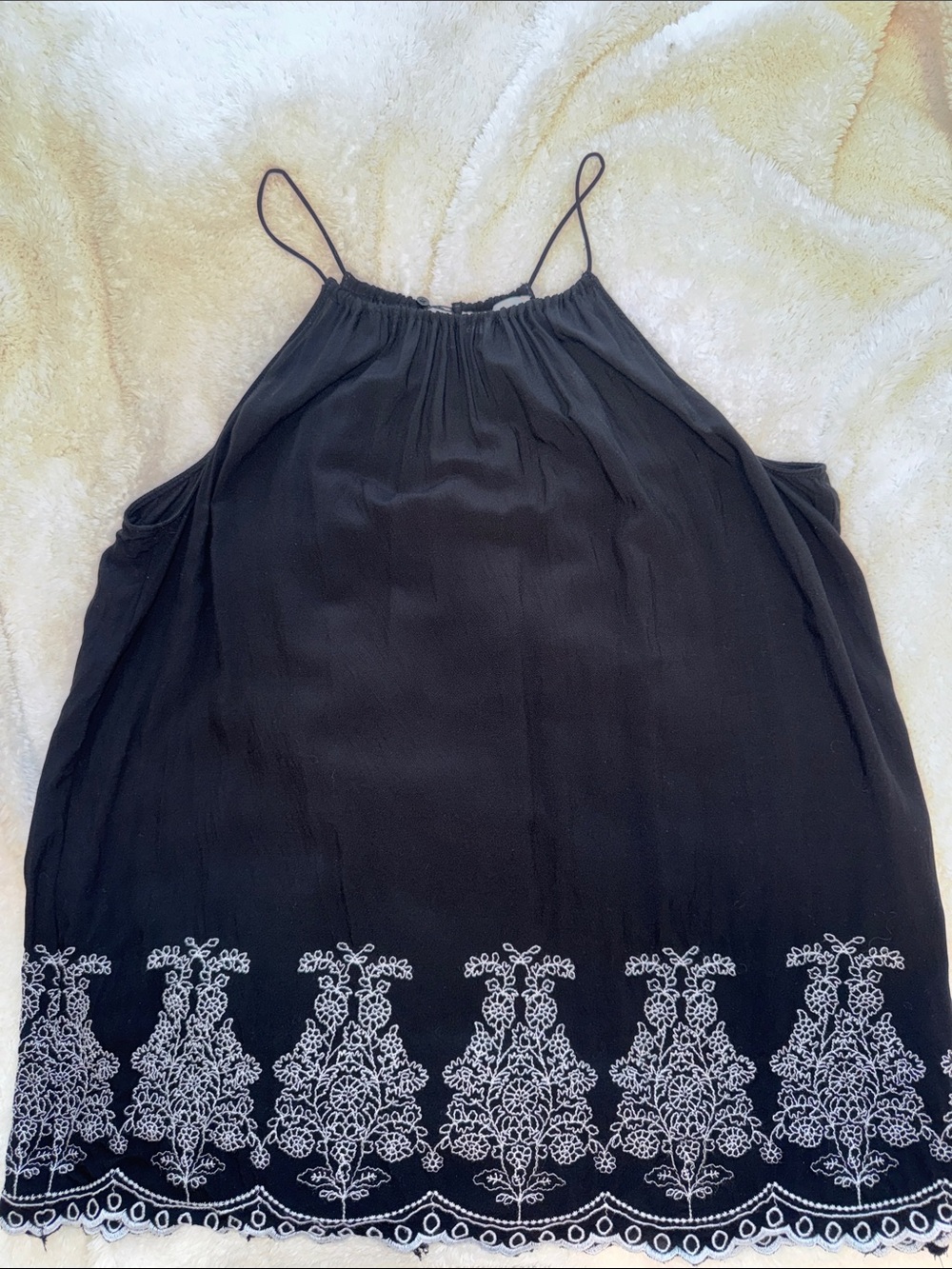 LOFT Black Spaghetti Strap Tank with White Embroidered Hem